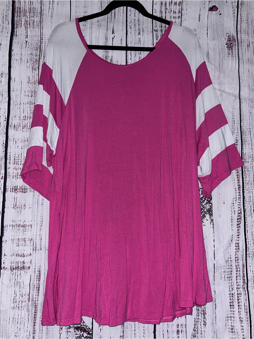 Women’s Fuchsia Raglan Tunic with White Striped Sleeves